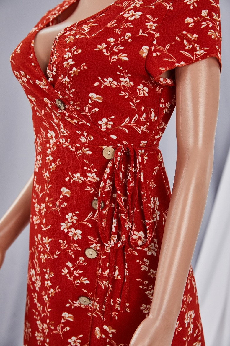 New Floral Printing Micro-Elastic V-Neck Waist Lace-Up High Slit Stylish Midi Dress