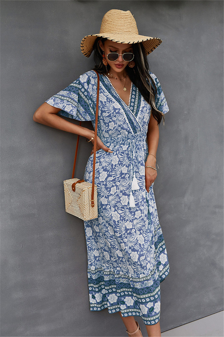 New Style 4 Colors Fashion V-Neck Flowers Batch Printing Laced Loose Dress