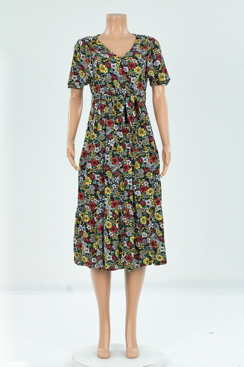 New Style Multicolor Flowers Batch Printing Elastic Waist Loose Dress (With Belt)