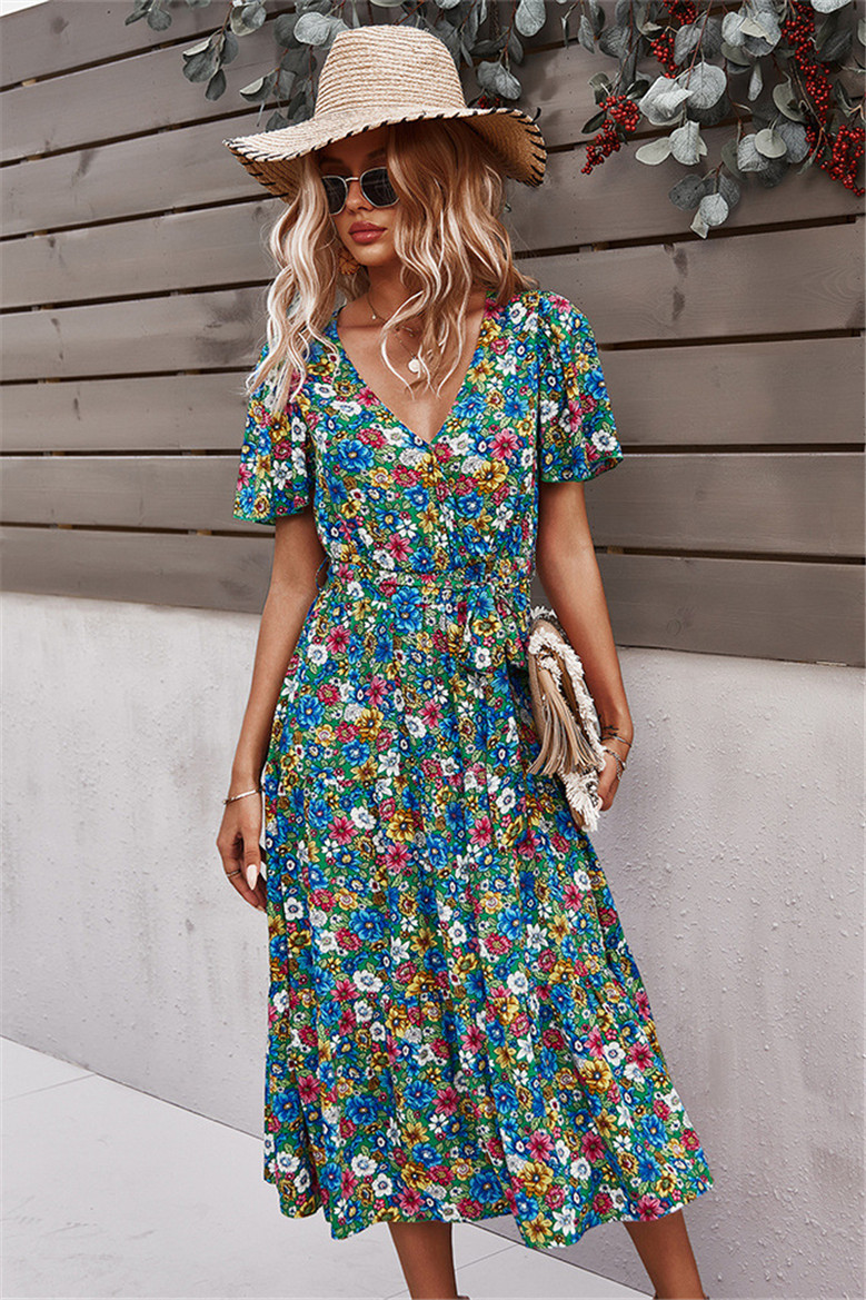 New Style Multicolor Flowers Batch Printing Elastic Waist Loose Dress (With Belt)