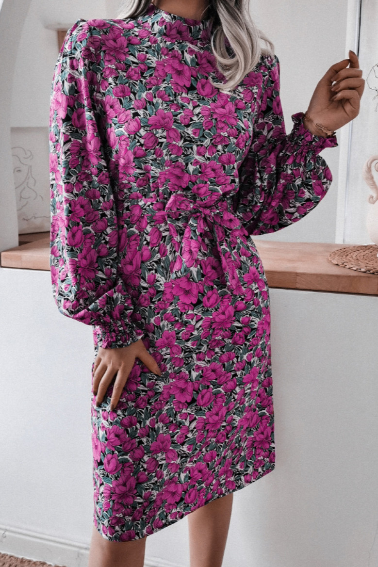 New Stylish Autumn Floral Batch Printing Loose Chiffon Midi Dress (With Belt)
