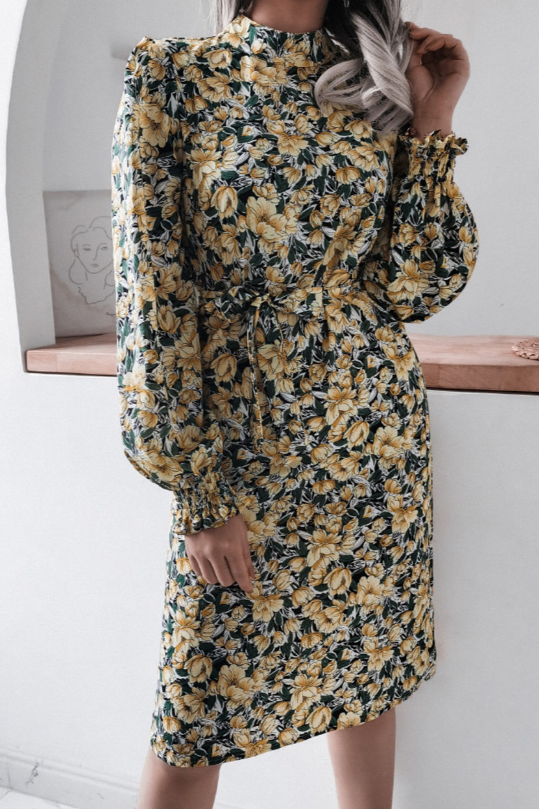 New Stylish Autumn Floral Batch Printing Loose Chiffon Midi Dress (With Belt)