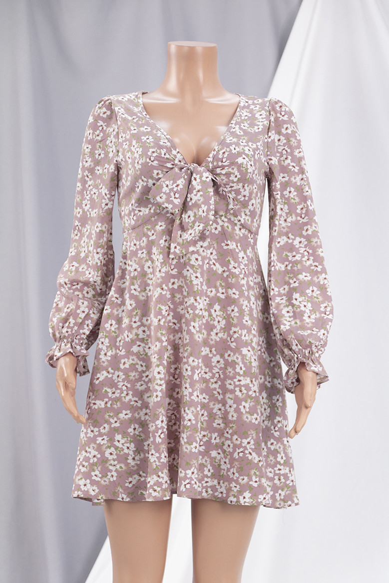 New Stylish Early Autumn Floral Batch Printing V-Neck Lace-Up Casual Chiffon Mini Dress