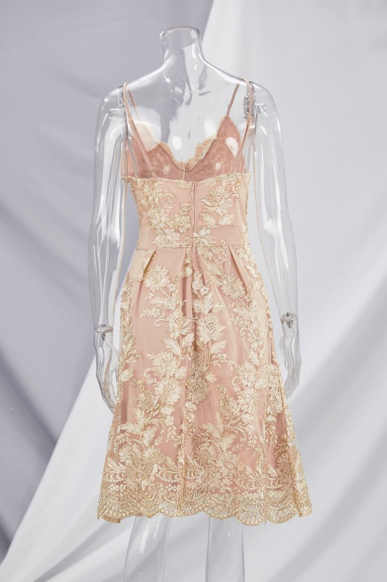 New Stylish Flower Embroidered Lace Sling V-Neck Elegant Mini Evening Dress
