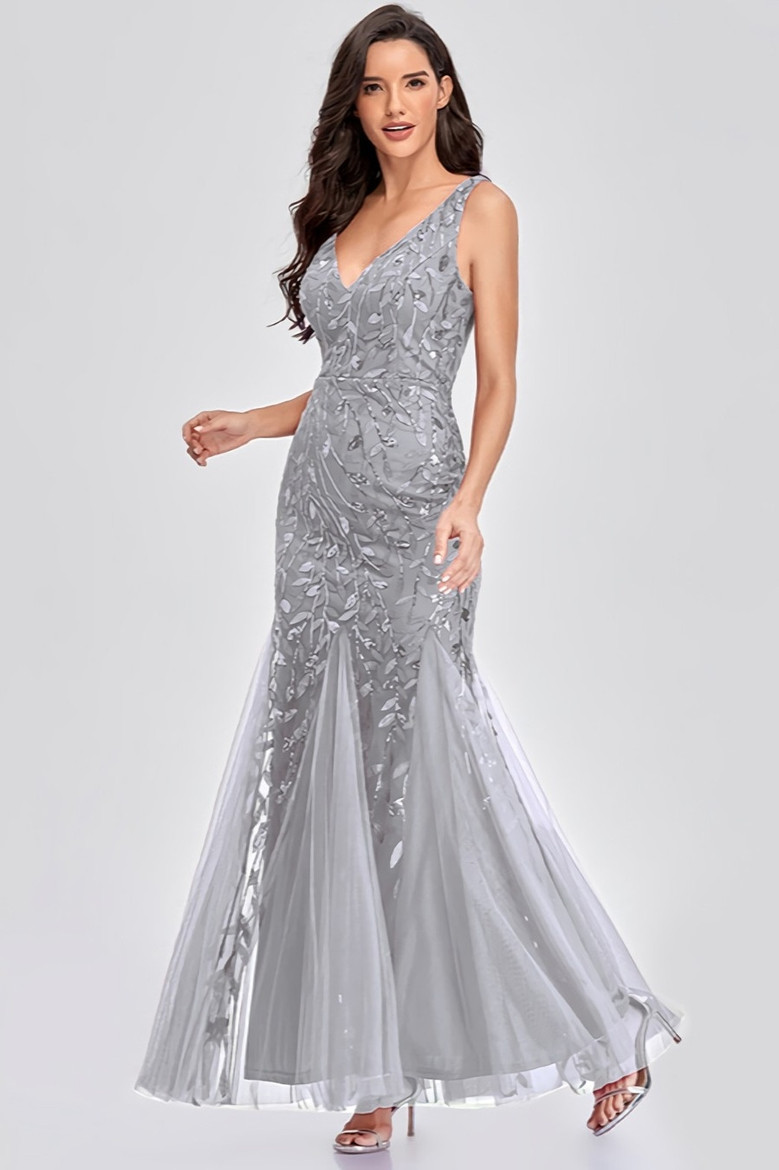New Stylish Inelastic Zip-Up 5 Colors Plus Size Embroidered Sequin Sleeveless Mesh Patchwork Elegant Maxi Evening Dress(With Lining)