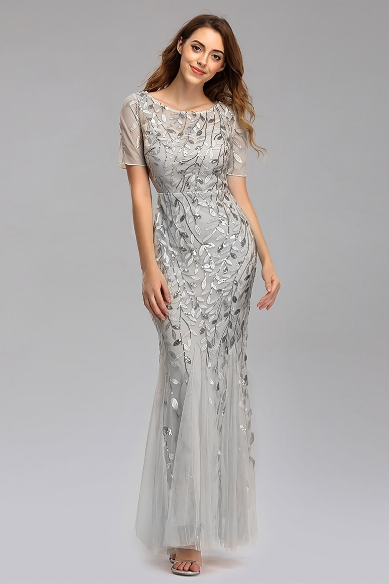 New Stylish Mesh Sequin Patchwork Embroidery Inelastic Plus Size 7 Colors Zip-Up Elegant Maxi Evening Dress (With Lining)