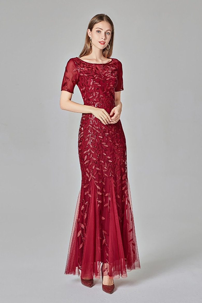 New Stylish Mesh Sequin Patchwork Embroidery Inelastic Plus Size 7 Colors Zip-Up Elegant Maxi Evening Dress (With Lining)