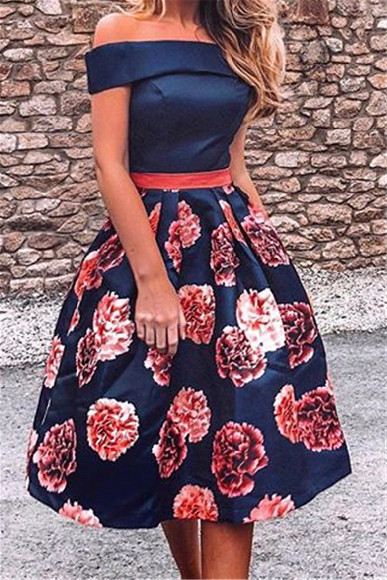 New Stylish Solid Color Spliced Flower Batch Printing Off Shoulder Pocket Slim Dress