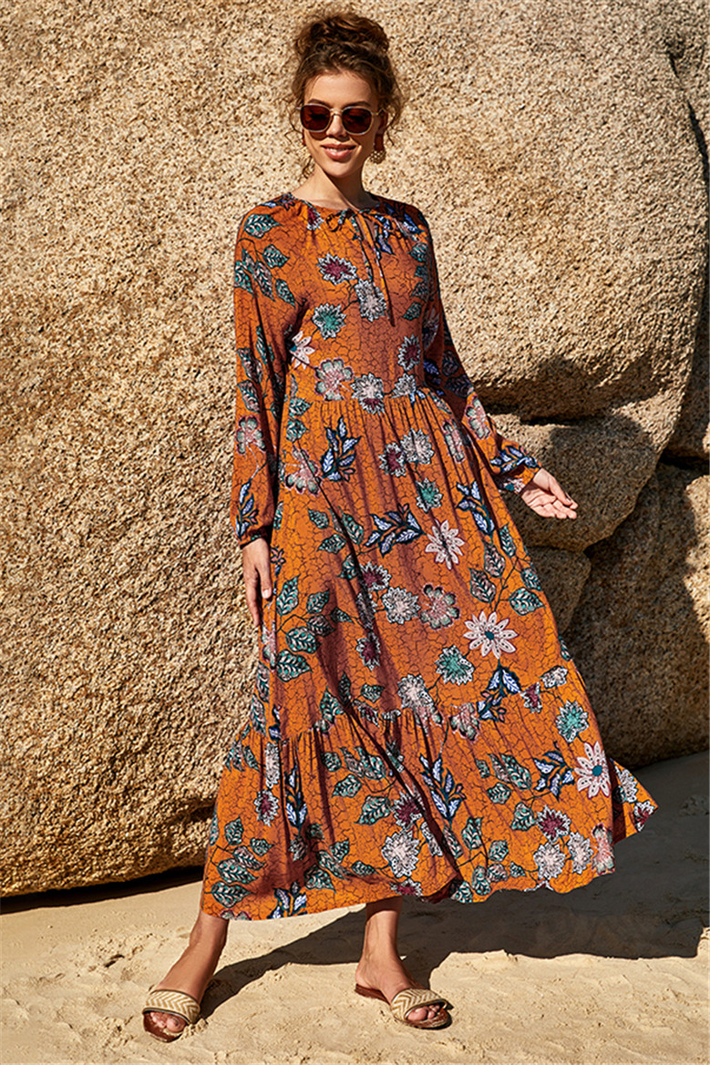 New Stylish Summer Flowers Batch Printing Long Sleeve Slim Casual Dress