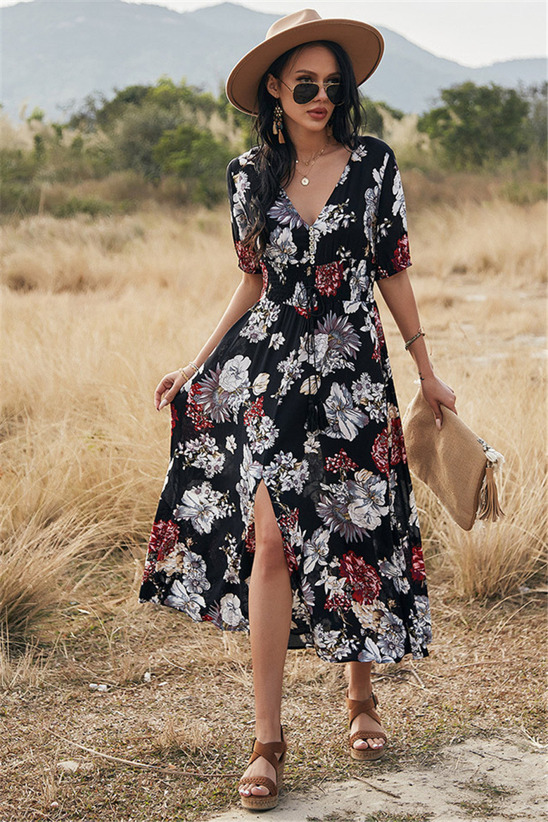 New Summer Flowers Batch Printed Elastic Waist Laced Slim Holiday Dress