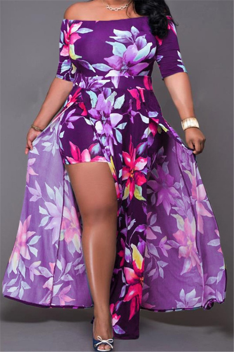 Oversize Flowers Print Stretch Boatneck High Slit Irregular Stylish Dress