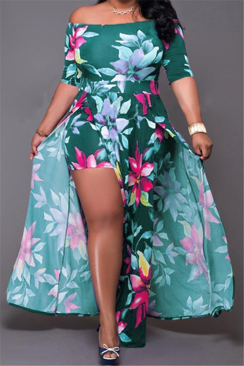 Oversize Flowers Print Stretch Boatneck High Slit Irregular Stylish Dress