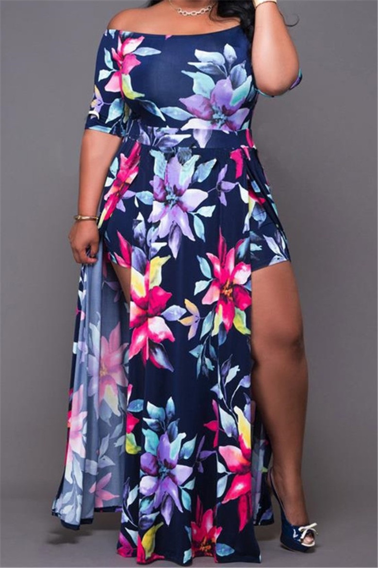 Oversize Flowers Print Stretch Boatneck High Slit Irregular Stylish Dress