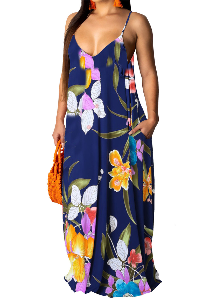 Plus Size 3 Colors Flowers Batch Printing Sling V-Neck Pockets Loose Maxi Dress