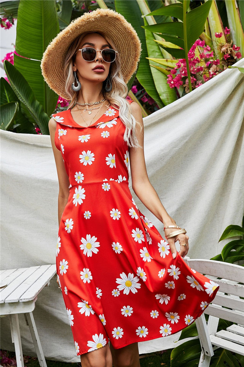 Plus Size 3 Colors New Stylish Summer Zip-Up Flowers Batch Printing Slim Dress