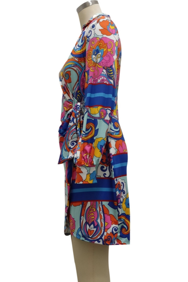 Plus Size Autumn V-Neck Multicolor Batch Printing Lace-Up Stretch Mini Dress