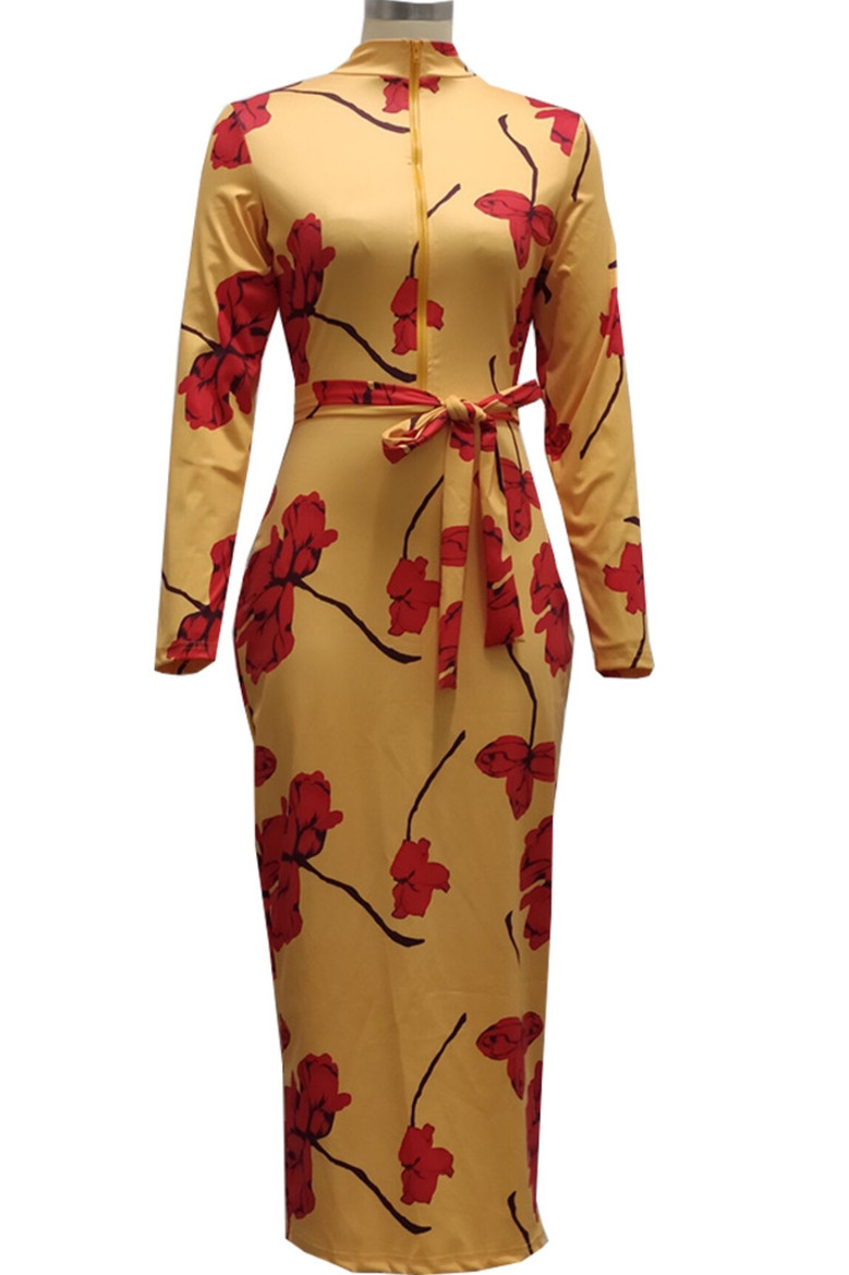 Plus Size Flowers Batch Printing Autumn Zip-Up Stretch Slim Midi Dress (With Belt)