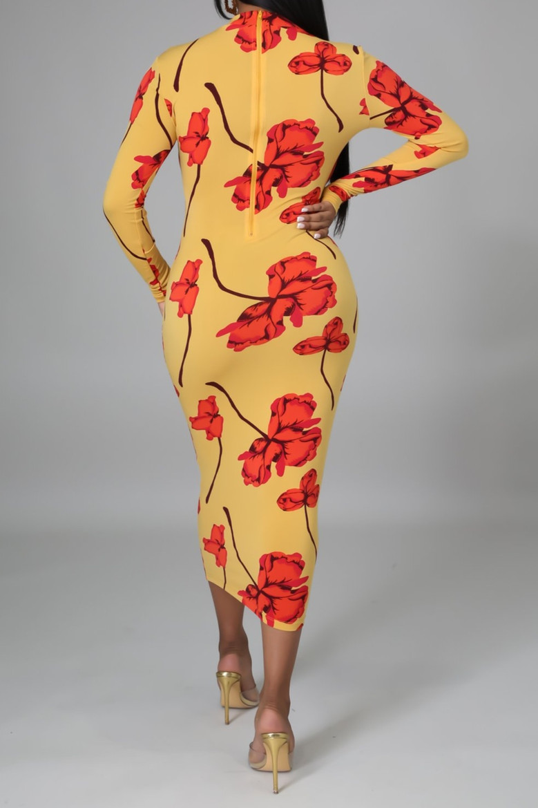 Plus Size Flowers Batch Printing Autumn Zip-Up Stretch Slim Midi Dress (With Belt)