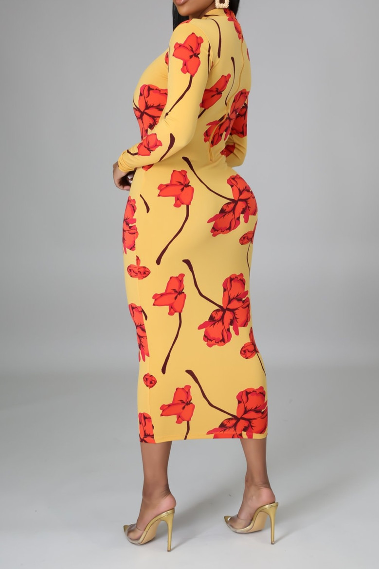 Plus Size Flowers Batch Printing Autumn Zip-Up Stretch Slim Midi Dress (With Belt)