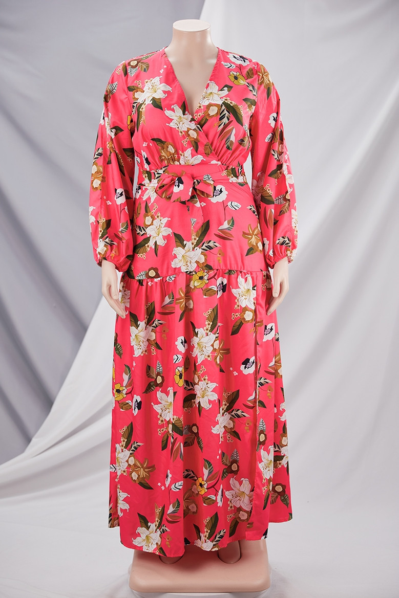 Plus Size L-4Xl New Stylish Batch Printing V-Neck Inelastic Sexy Loose Slit Maxi Dress (With Belt)