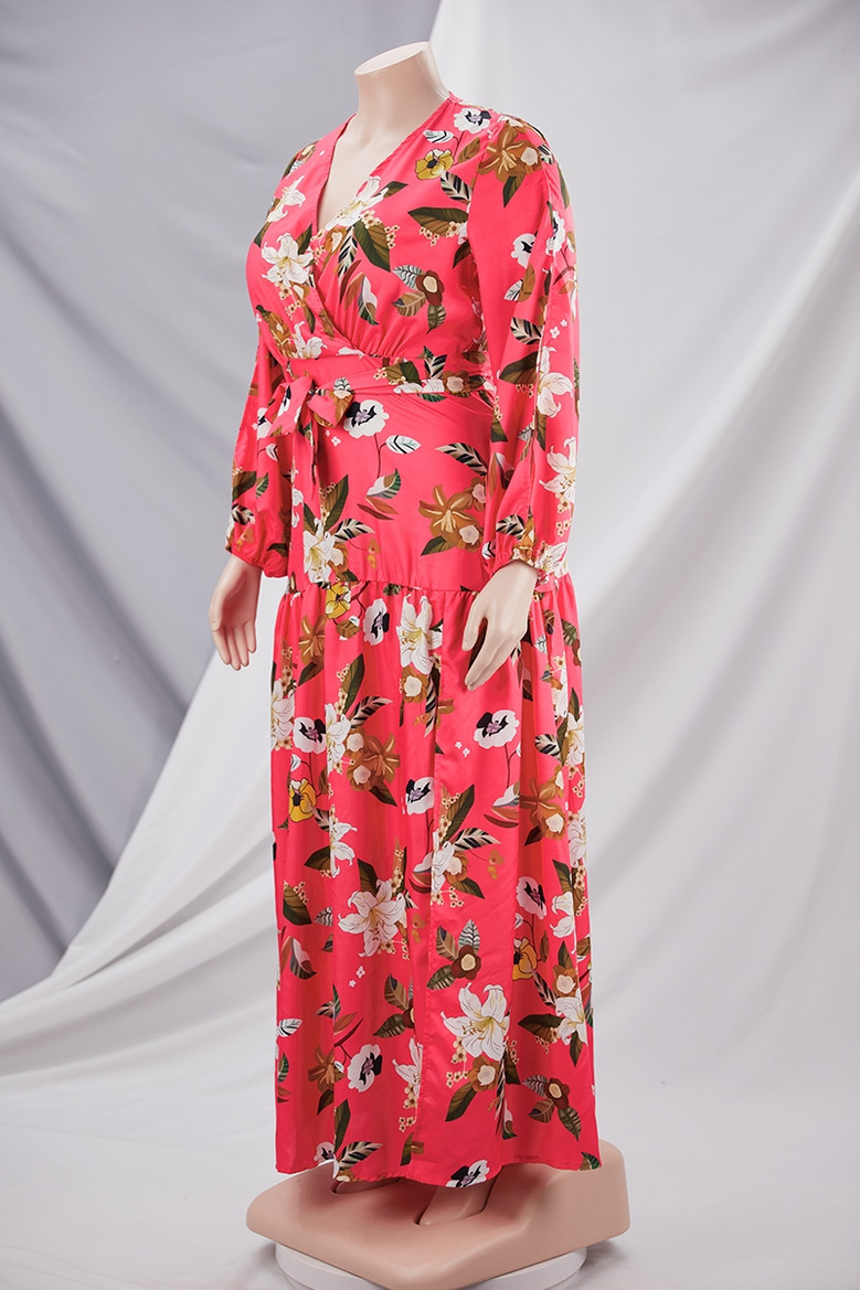 Plus Size L-4Xl New Stylish Batch Printing V-Neck Inelastic Sexy Loose Slit Maxi Dress (With Belt)