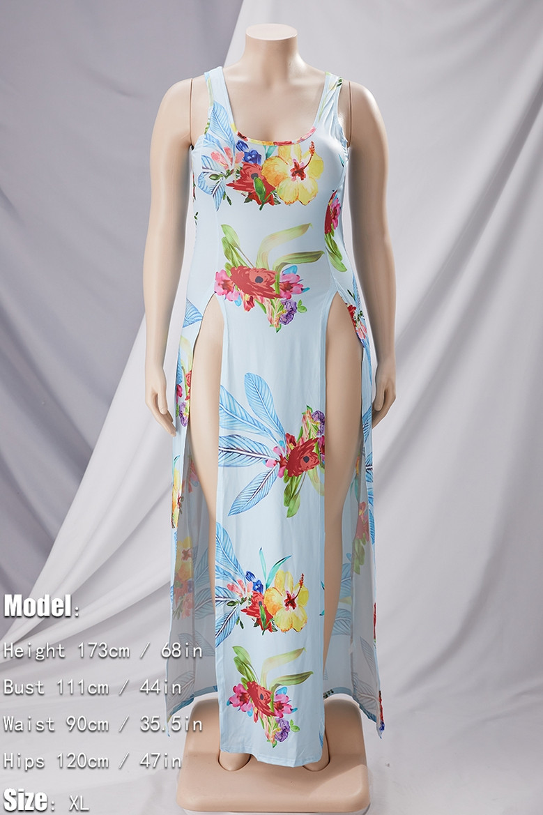 Plus Size New Fashion Flower Batch Printed Summer Sleeveless Sexy Split Dress