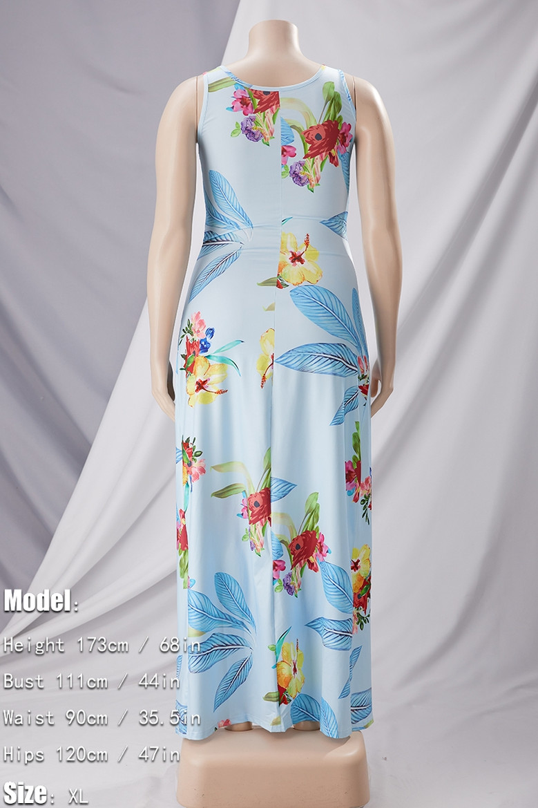 Plus Size New Fashion Flower Batch Printed Summer Sleeveless Sexy Split Dress