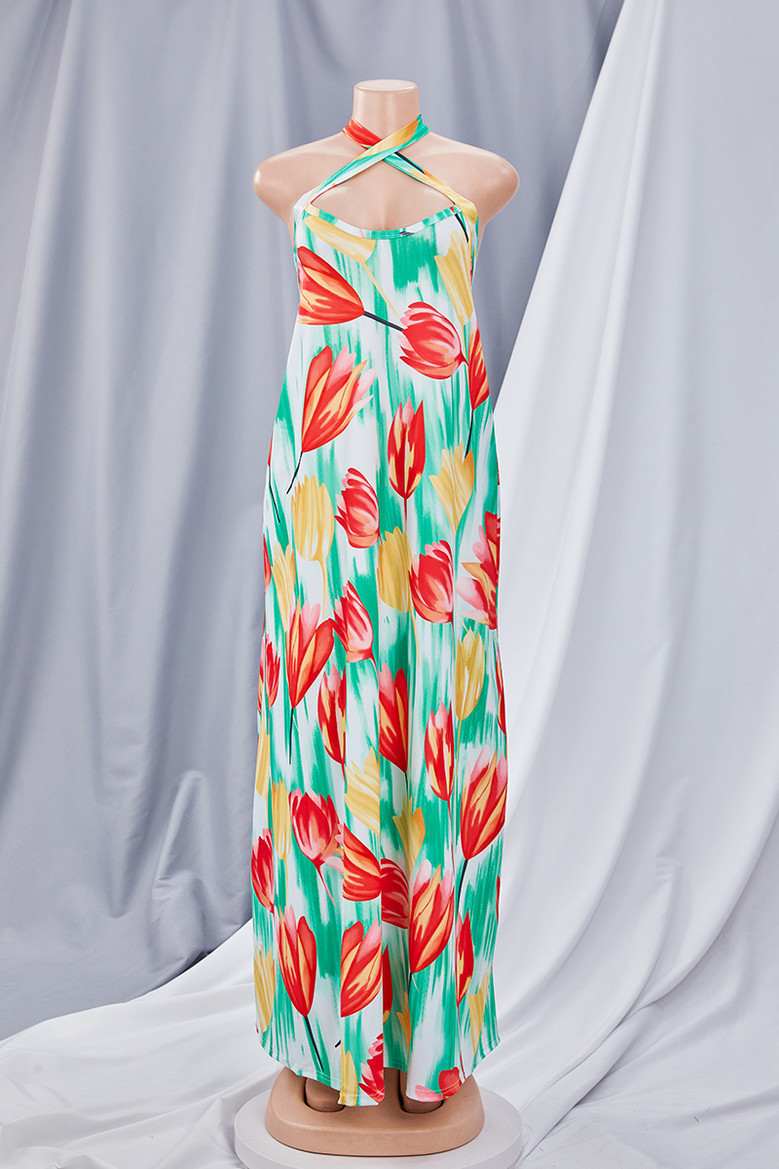 Plus Size New Stylish Batch Printing Summer Halter Neck Loose Stretch Maxi Dress