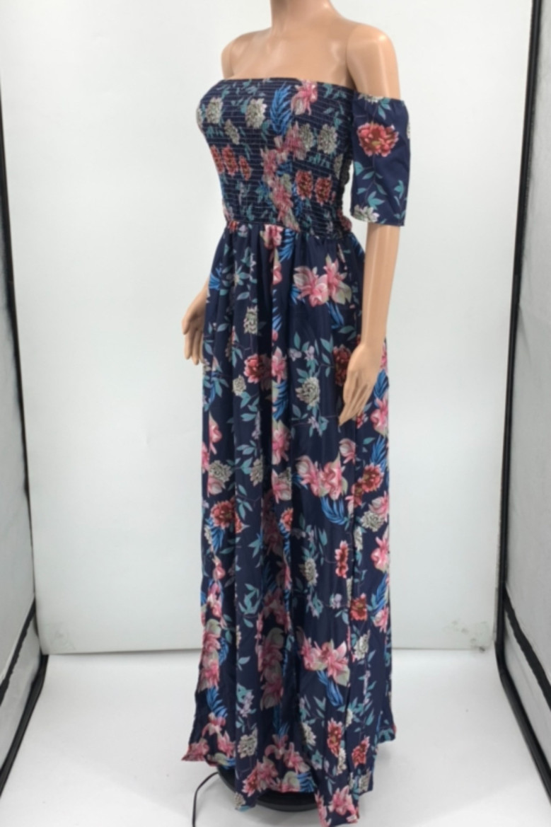 Plus Size Summer Flowers Batch Printing Off Shoulder Inelastic New Stylish Maxi Dress