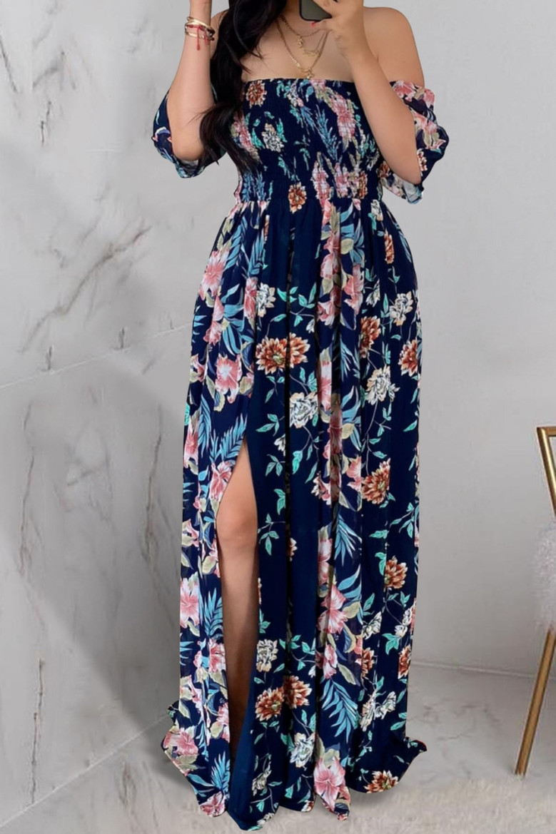 Plus Size Summer Flowers Batch Printing Off Shoulder Inelastic New Stylish Maxi Dress