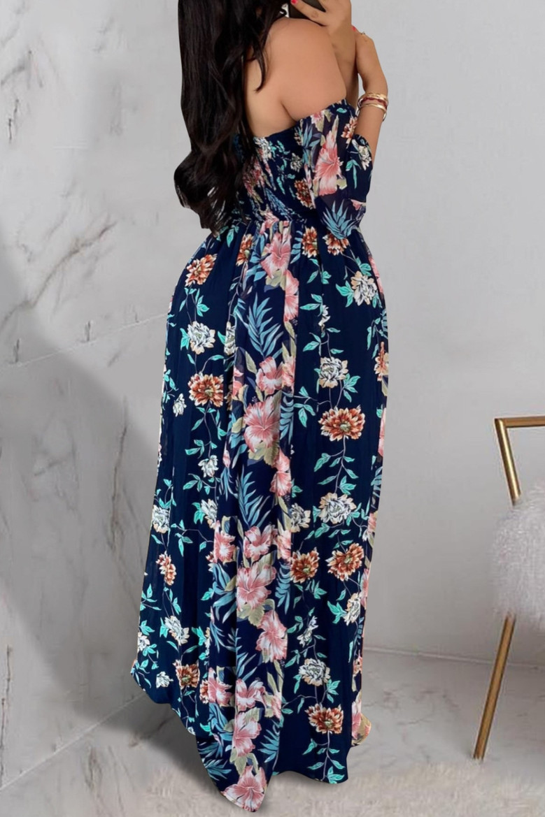 Plus Size Summer Flowers Batch Printing Off Shoulder Inelastic New Stylish Maxi Dress