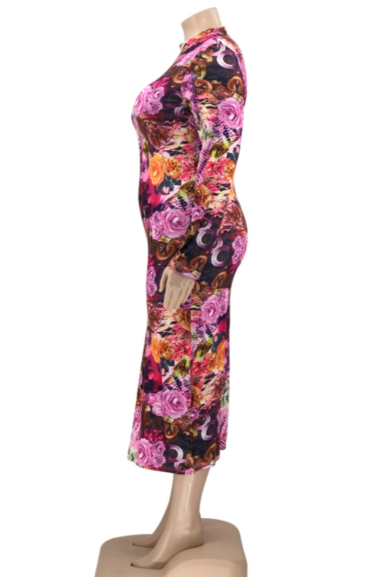 Plus Size Xl-5Xl New Stylish Flowers Batch Printing Zip-Up Stretch Casual Autumn Midi Dress