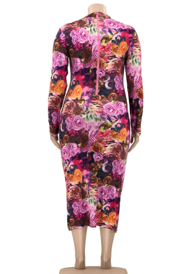 Plus Size Xl-5Xl New Stylish Flowers Batch Printing Zip-Up Stretch Casual Autumn Midi Dress