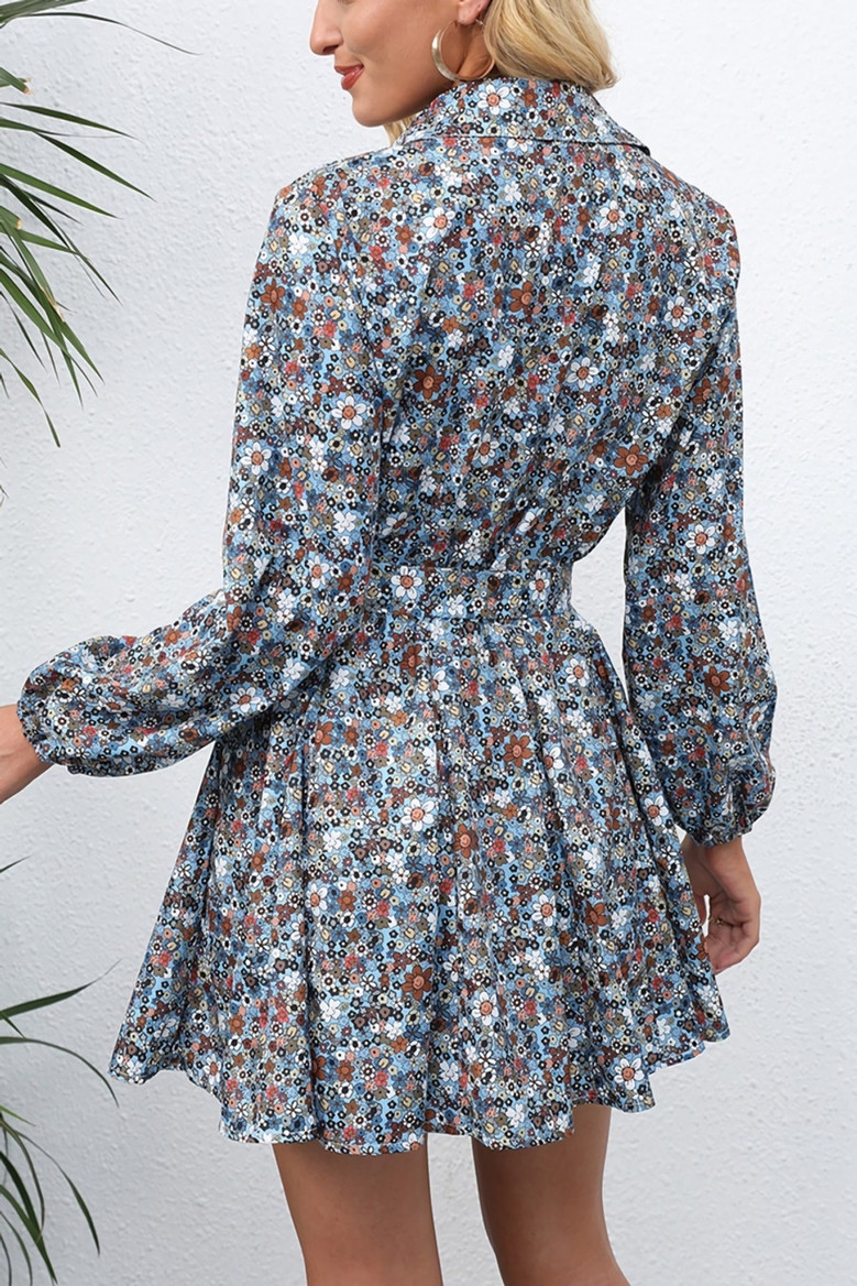 S-2Xl Plus Size New Floral Batch Printing Inelastic Turndown Collar Tie-Waist Retro Stylish A-Line Mini Dress