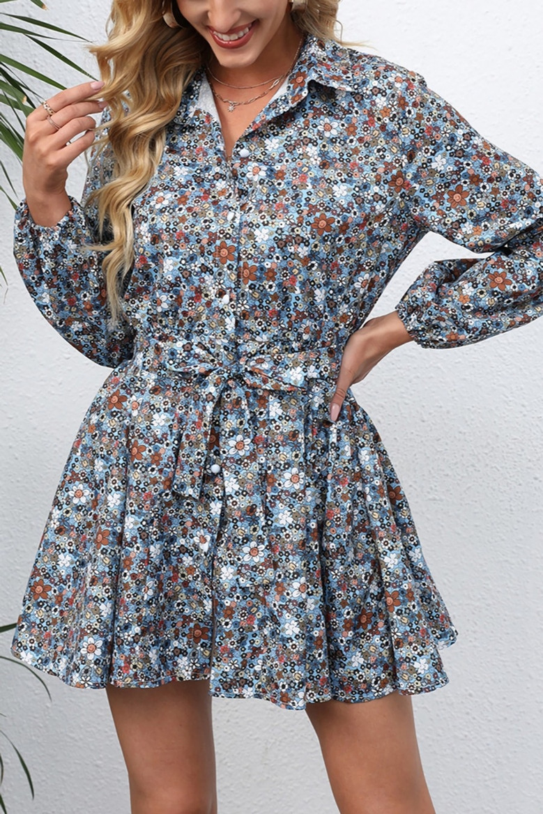 S-2Xl Plus Size New Floral Batch Printing Inelastic Turndown Collar Tie-Waist Retro Stylish A-Line Mini Dress