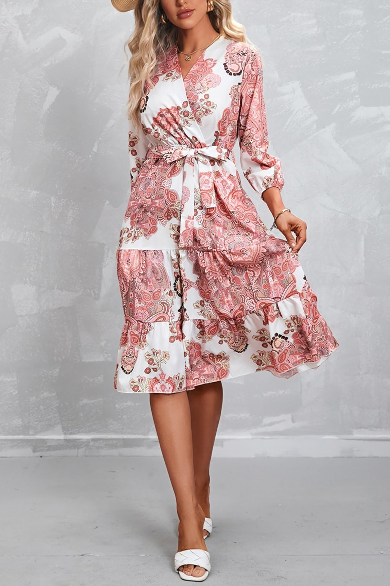S-2Xl Plus Size Spring New Stylish 3 Colors Inelastic Flower Batch Printing With Belt Three-Quarter Sleeves Casual Midi Dress