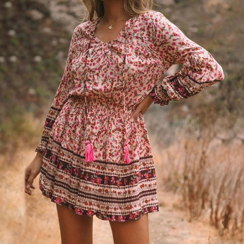 S-2Xl Plus Size Spring New Stylish Inelastic Floral Batch Printing V-Neck Lace-Up Lantern Long Sleeves Casual Mini Dress