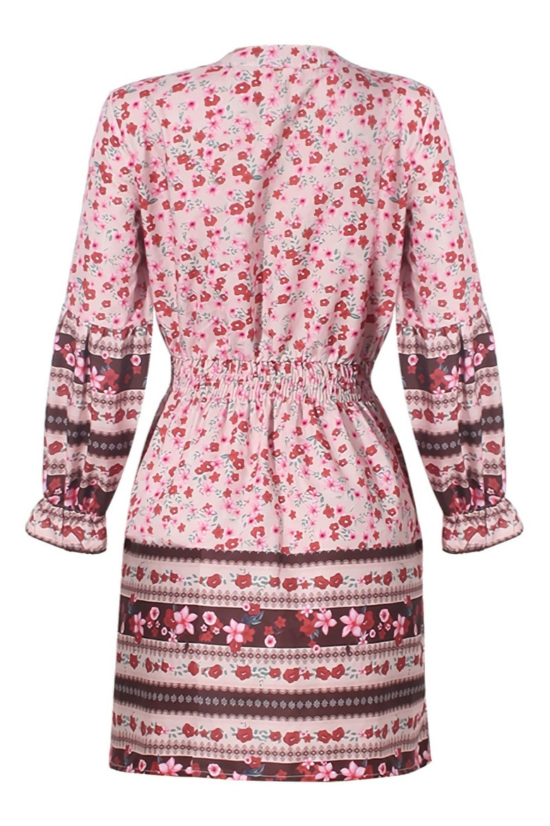 S-2Xl Plus Size Spring New Stylish Inelastic Floral Batch Printing V-Neck Lace-Up Lantern Long Sleeves Casual Mini Dress
