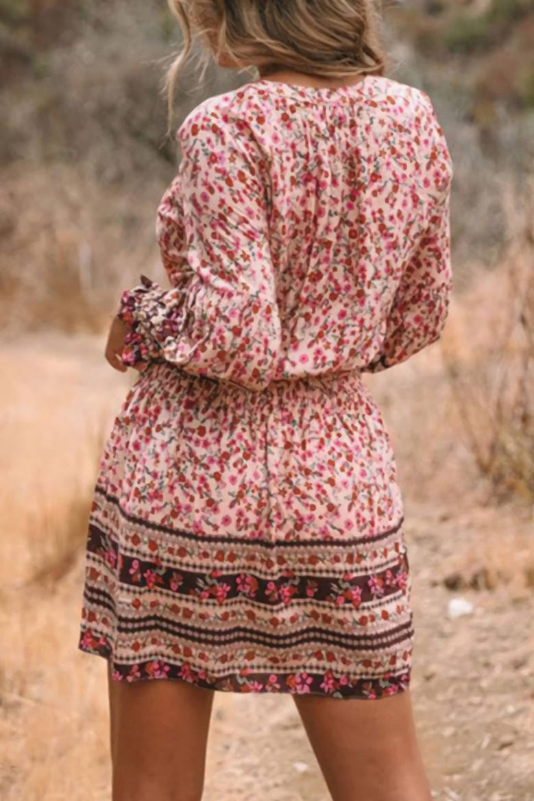 S-2Xl Plus Size Spring New Stylish Inelastic Floral Batch Printing V-Neck Lace-Up Lantern Long Sleeves Casual Mini Dress