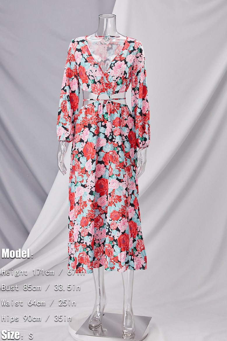 S-2Xl Plus Size Spring New Stylish Inelastic Flower Batch Printing Metal-Ring Linked Hollow Lace-Up Casual Midi Dress