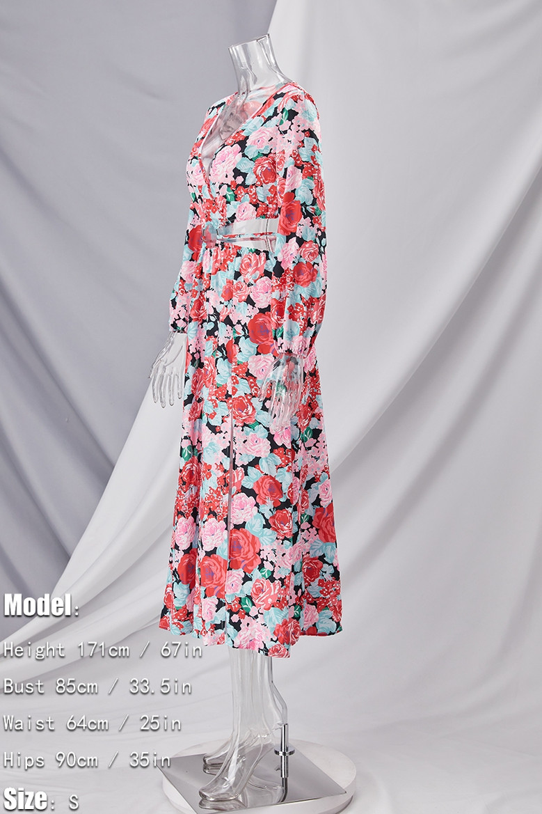 S-2Xl Plus Size Spring New Stylish Inelastic Flower Batch Printing Metal-Ring Linked Hollow Lace-Up Casual Midi Dress