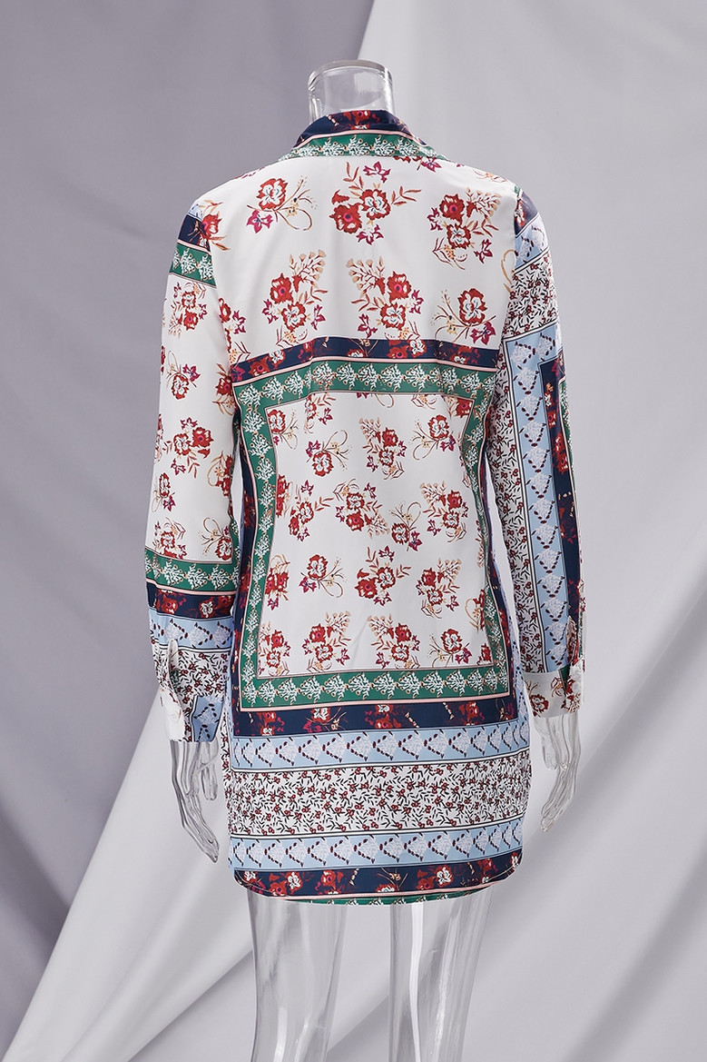 S-2Xl Plus Size Spring New Stylish Inelastic Flower Batch Printing Single-Breasted Long Sleeves Split Casual Mini Dress