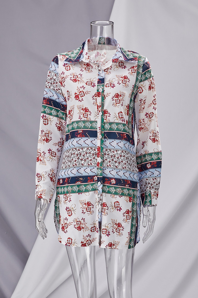 S-2Xl Plus Size Spring New Stylish Inelastic Flower Batch Printing Single-Breasted Long Sleeves Split Casual Mini Dress