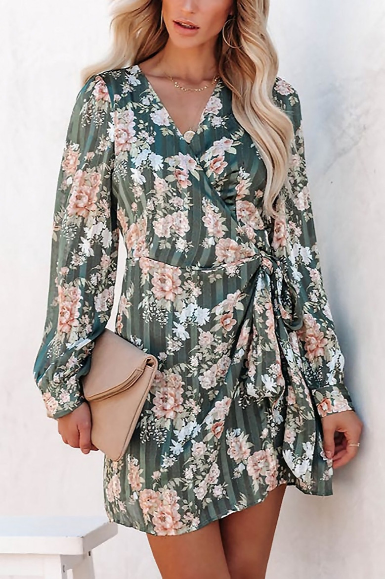 S-2Xl Plus Size Spring New Stylish Inelastic Flower Batch Printing V-Neck Long Sleeves Casual Mini Dress With Belt