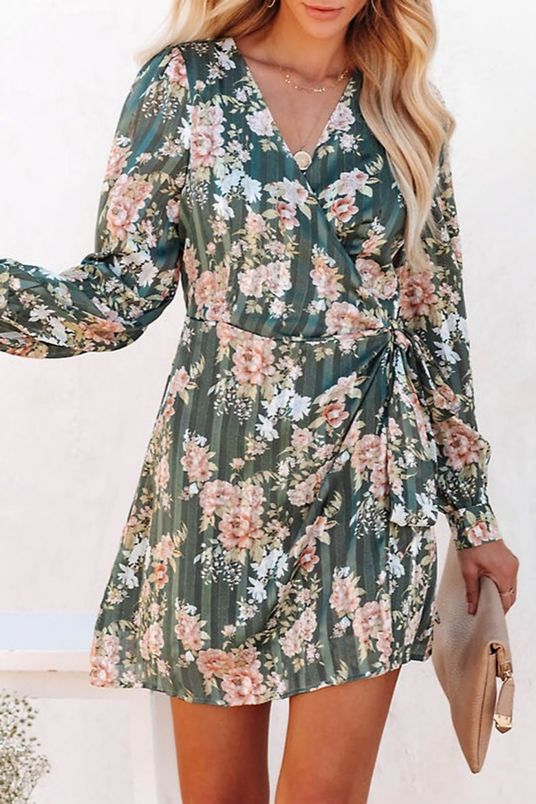 S-2Xl Plus Size Spring New Stylish Inelastic Flower Batch Printing V-Neck Long Sleeves Casual Mini Dress With Belt