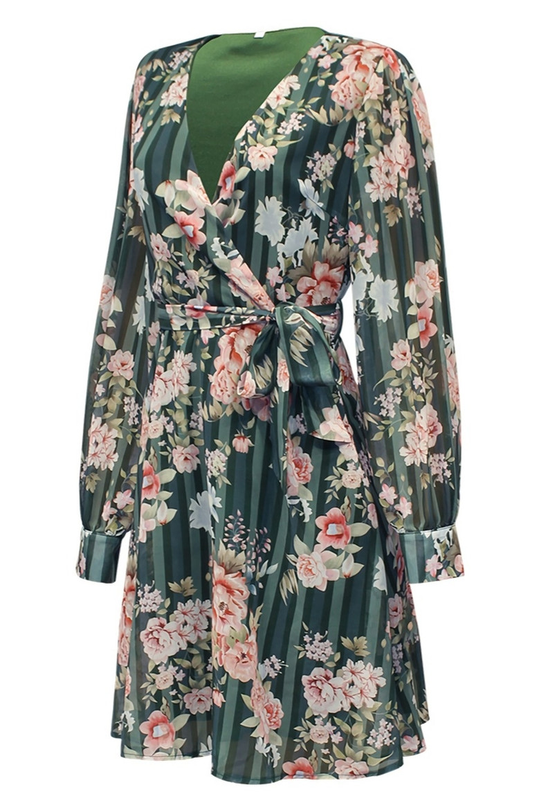 S-2Xl Plus Size Spring New Stylish Inelastic Flower Batch Printing V-Neck Long Sleeves Casual Mini Dress With Belt