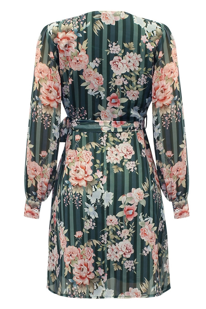 S-2Xl Plus Size Spring New Stylish Inelastic Flower Batch Printing V-Neck Long Sleeves Casual Mini Dress With Belt