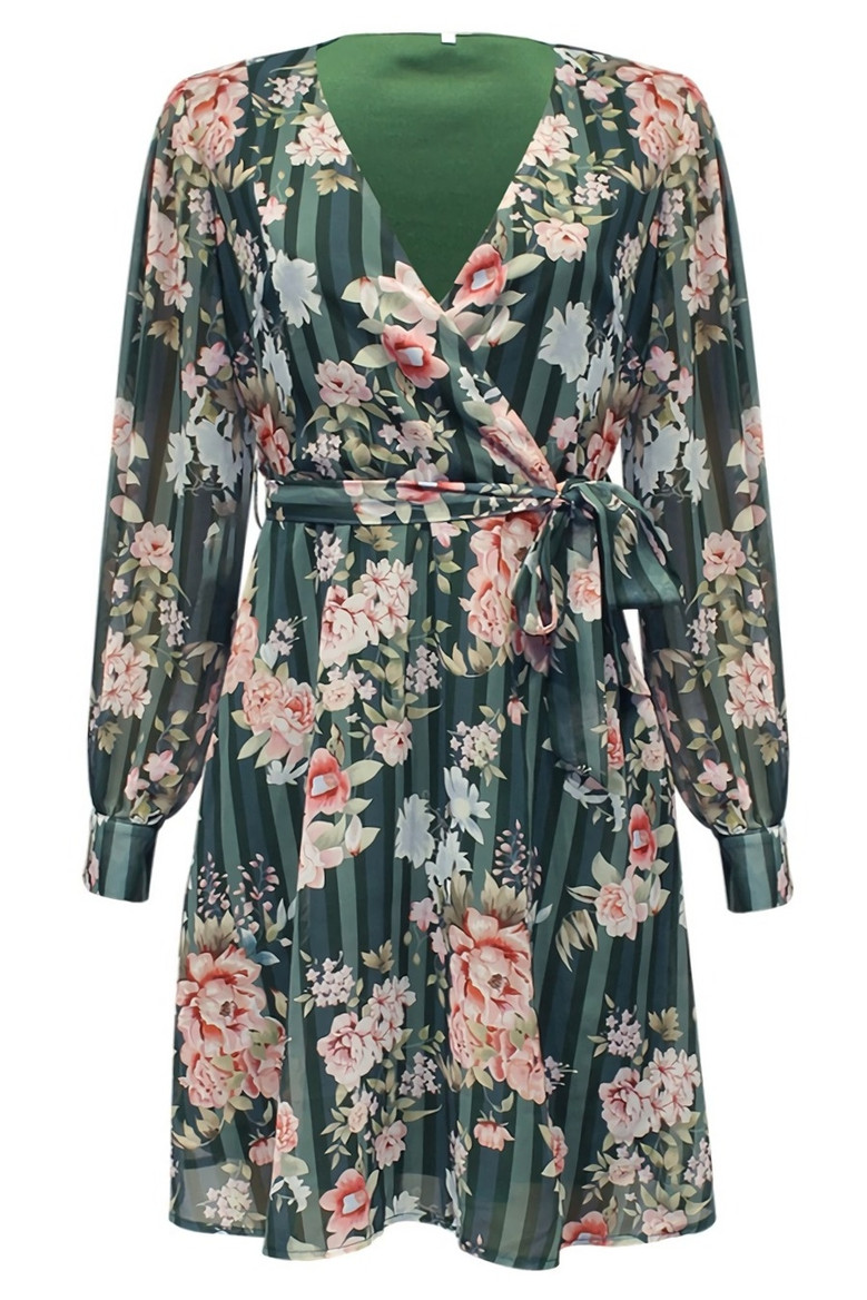 S-2Xl Plus Size Spring New Stylish Inelastic Flower Batch Printing V-Neck Long Sleeves Casual Mini Dress With Belt