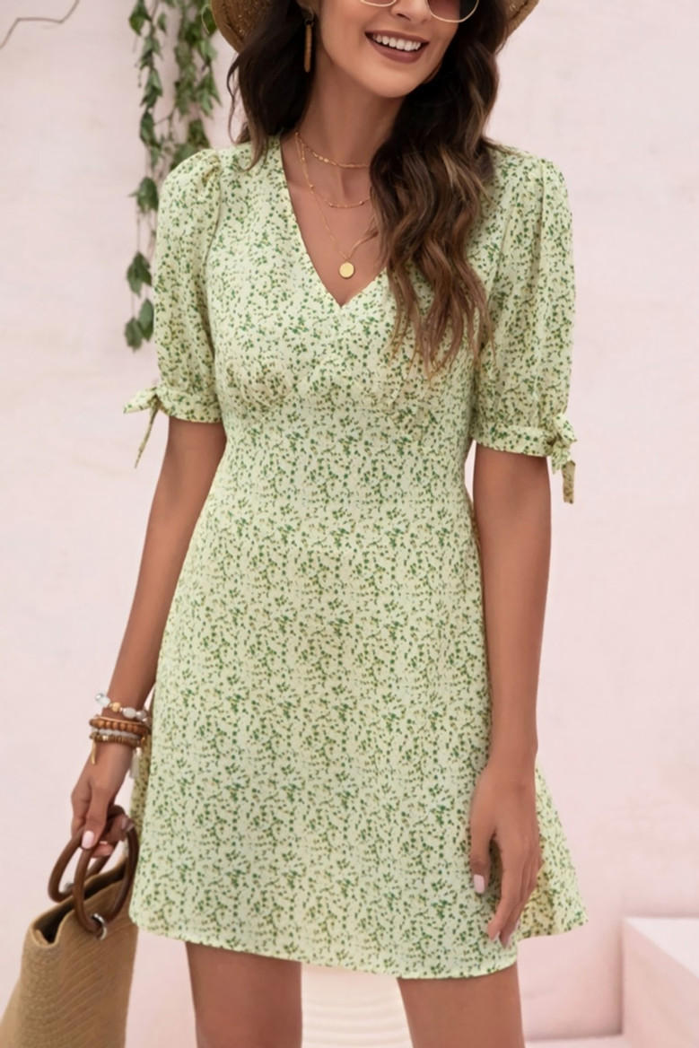 S-2Xl Plus Size Summer 3 Colors Inelastic Floral Batch Printing V-Neck Lace-Up Bow Casual Mini Dress