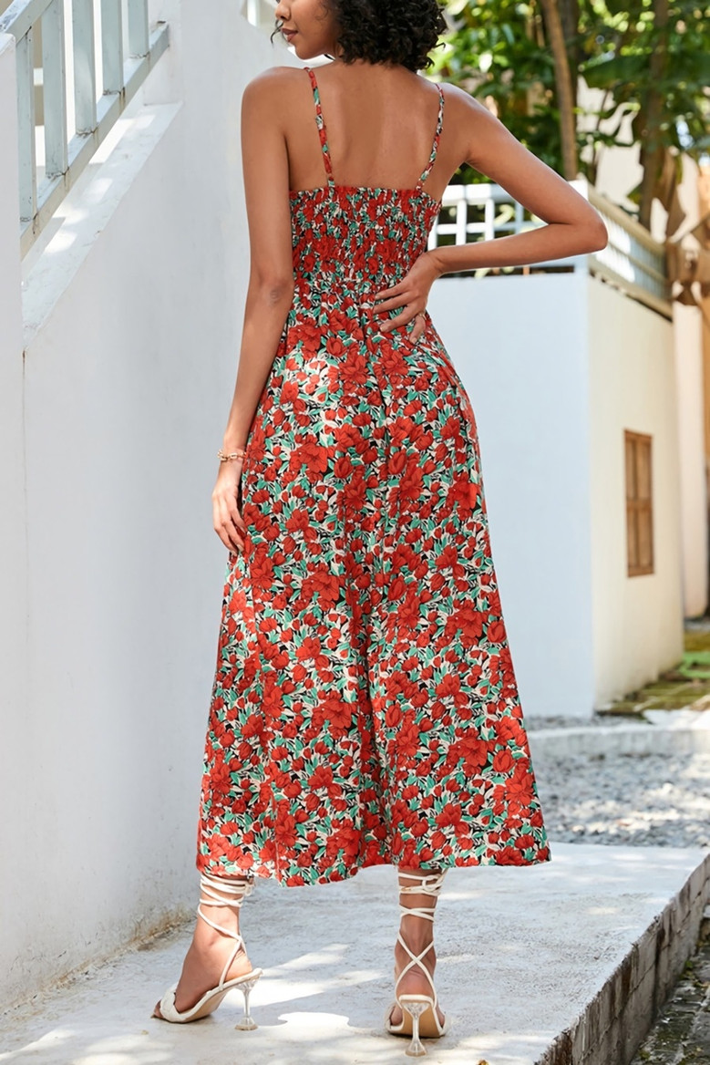 S-2Xl Plus Size Summer Floral Batch Printing Inelastic V-Neck Tie-Waist Retro Spaghetti String Midi Dress